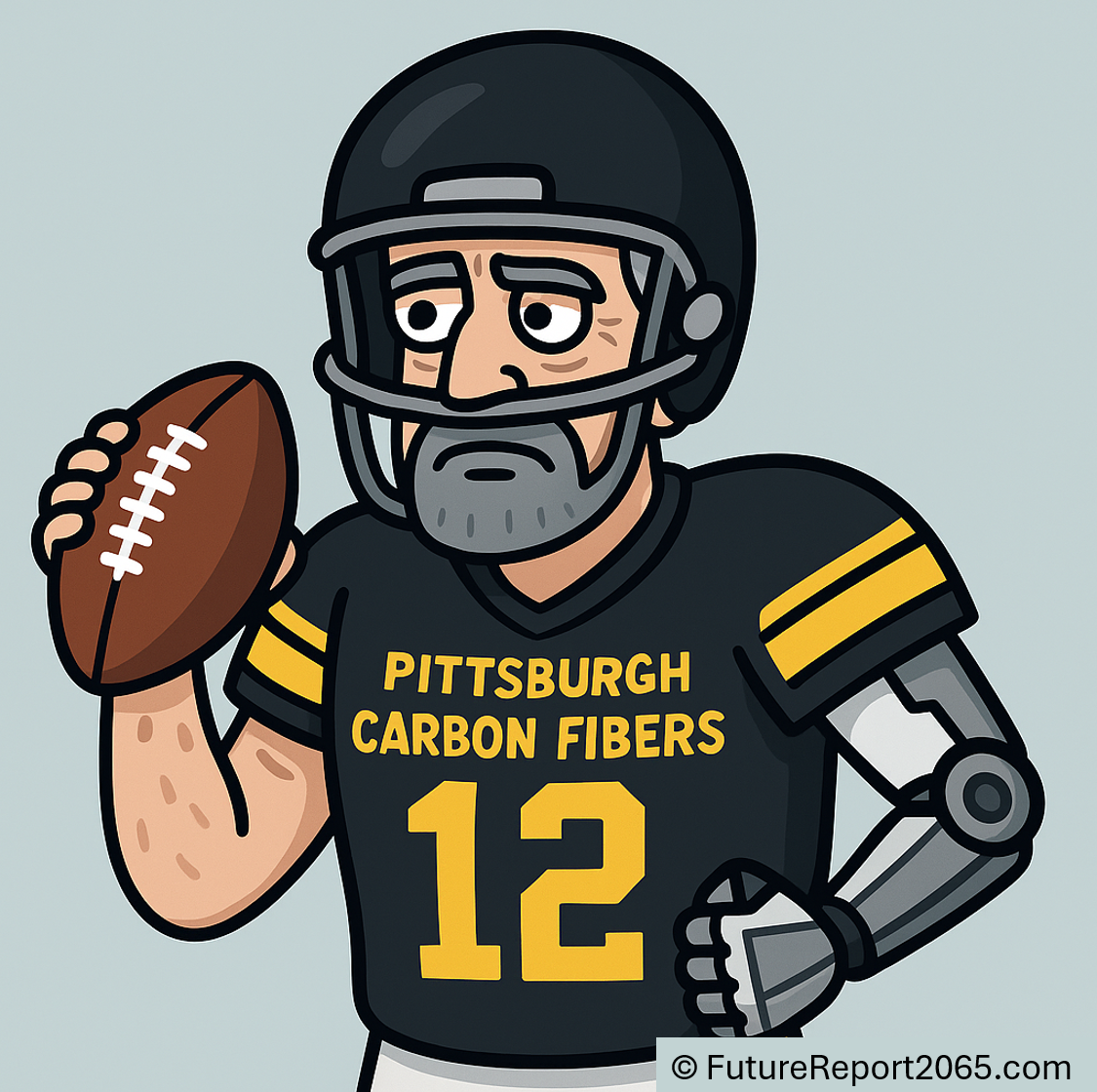 Aaron Rodgers warming up with visible cybernetic knee and arm modules before kickoff.