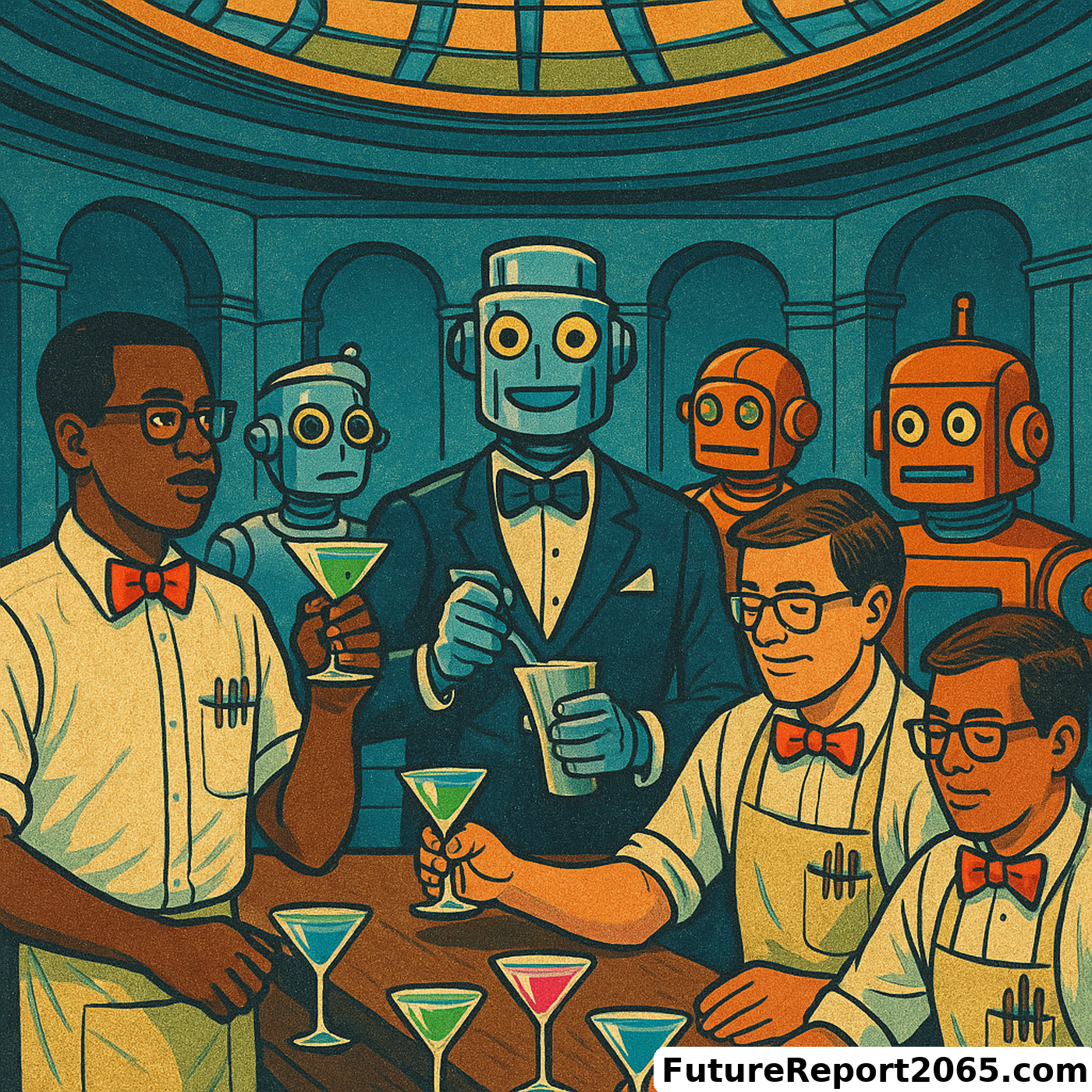 Human bartenders in nerd chic serving elegant robots under a Capitol-style dome.