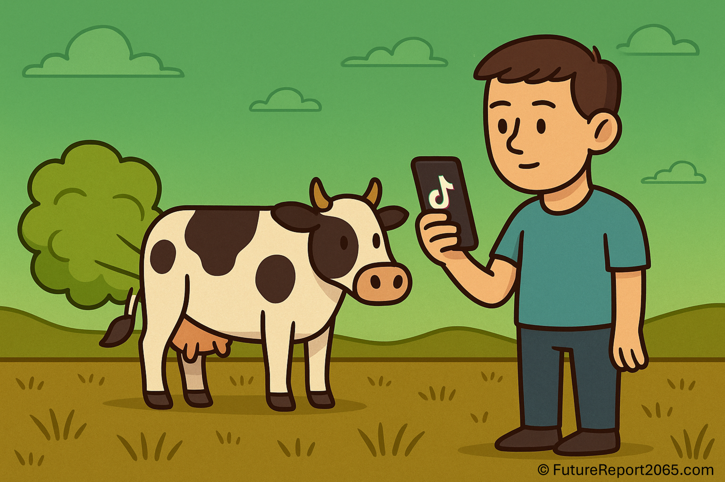 Brown Nevada landscape under a green sky; a cow emits a cartoonish methane plume while a person scrolls TikTok.