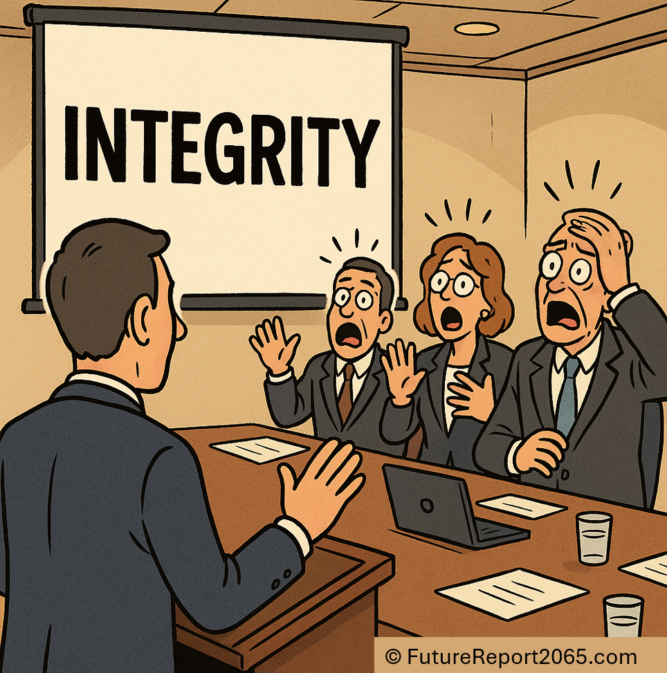 Executives recoil in a boardroom as a slide labeled INTEGRITY appears