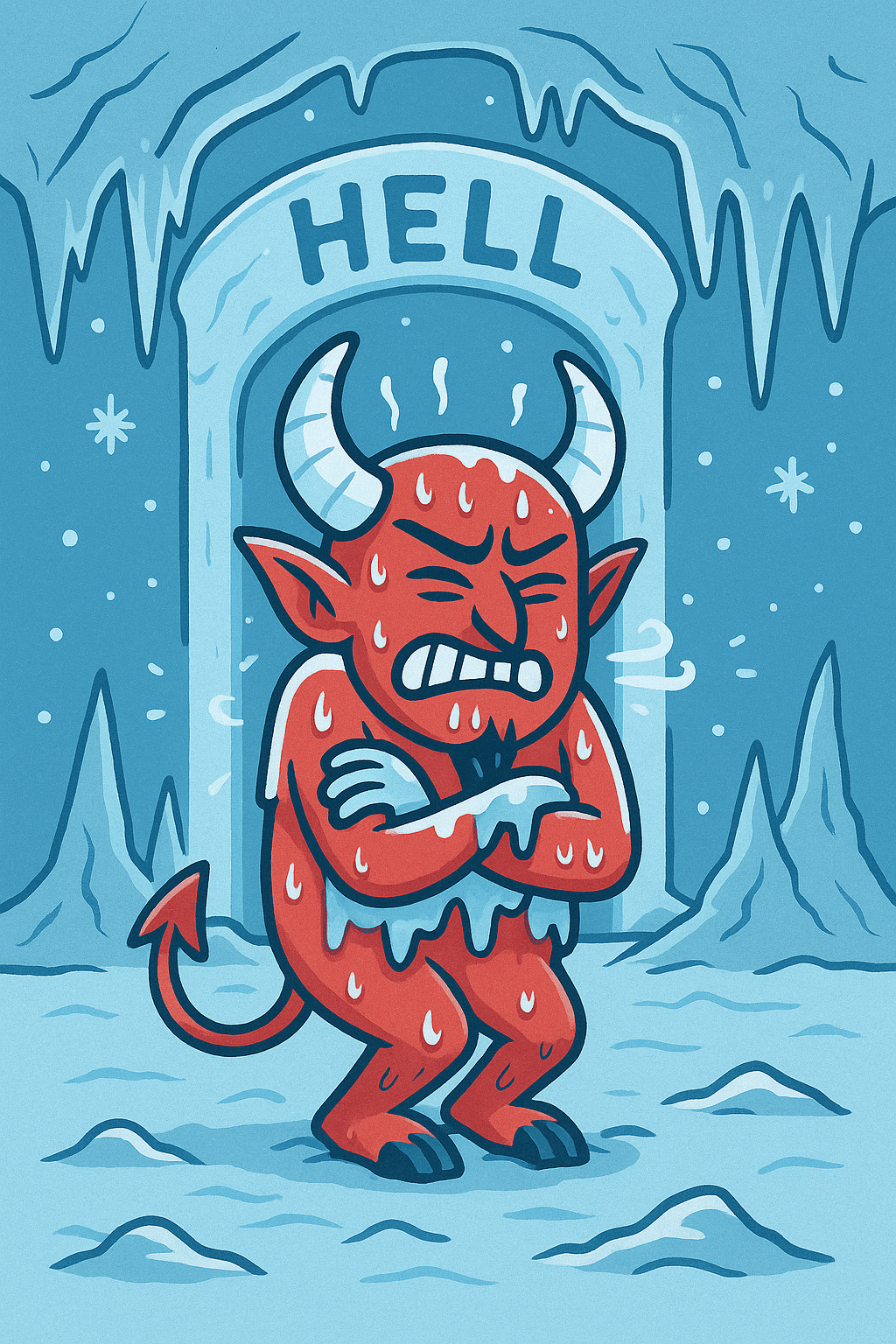 A shivering cartoon devil in a frozen-over hell.