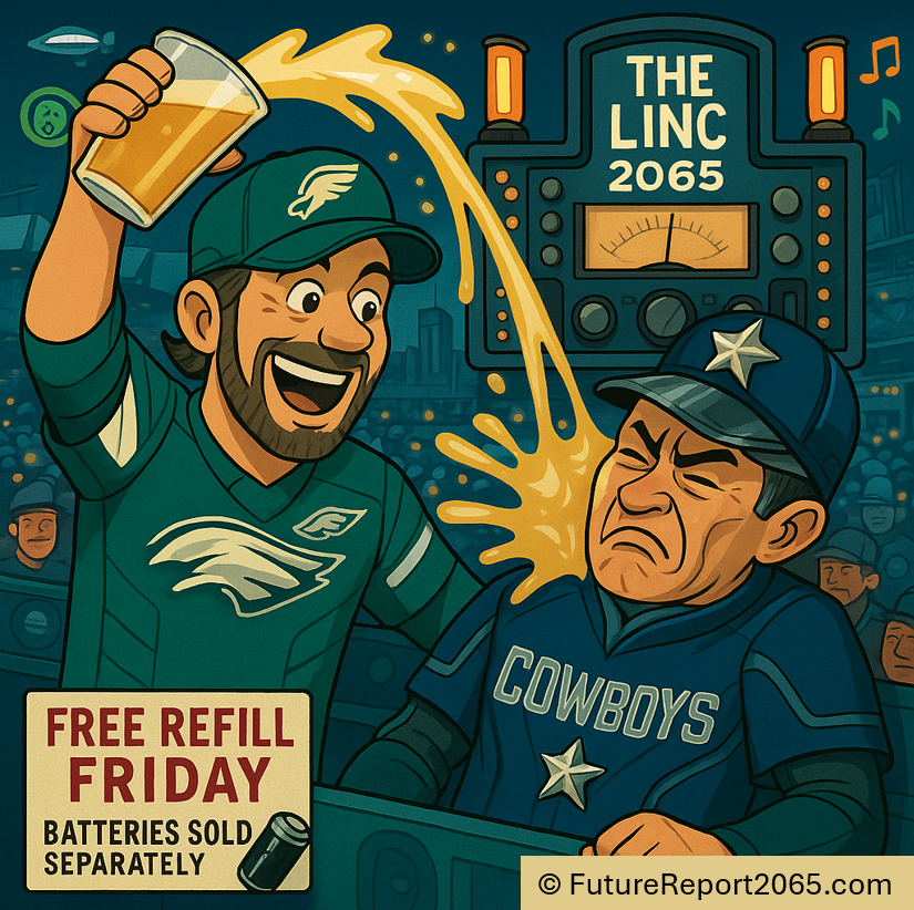 Overflowing plastic beer cup at a Philly stadium with rival fan ducking out of frame