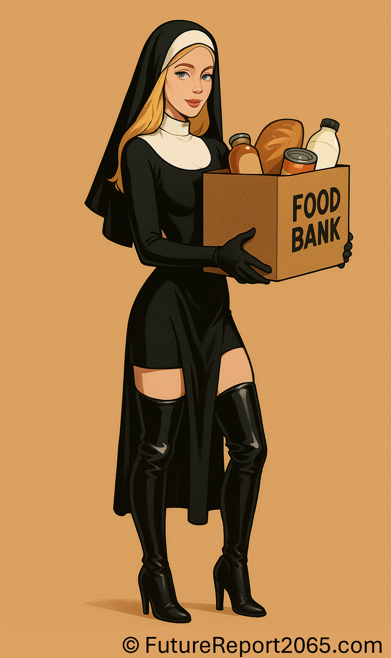 Cheerful nun distributing 'Chow Down' at a futuristic food bank