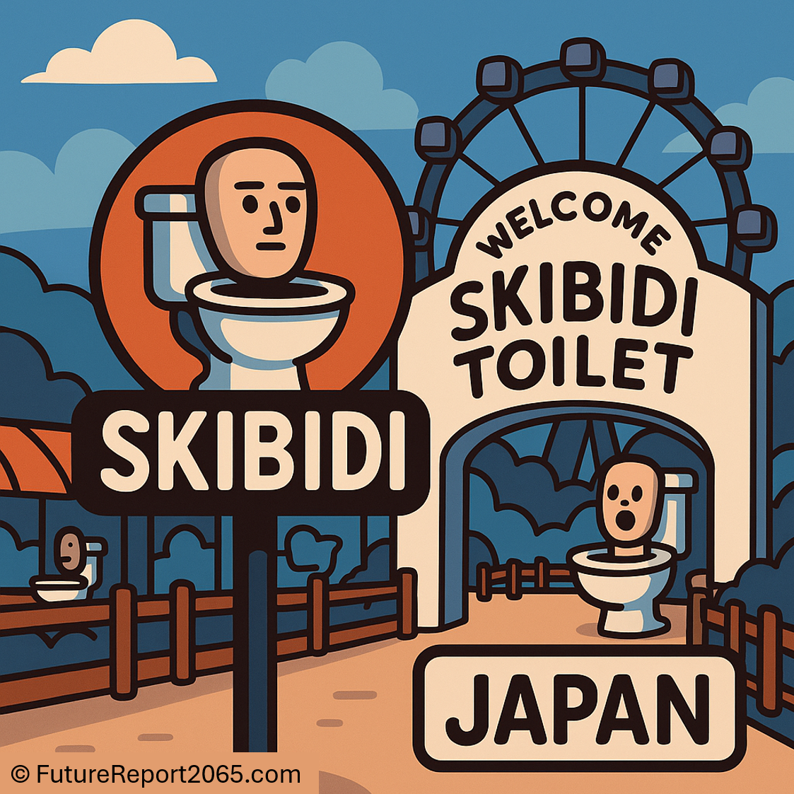 Neon Skibidi Toilet theme park entrance in Tokyo with crowds and chrome fixtures.